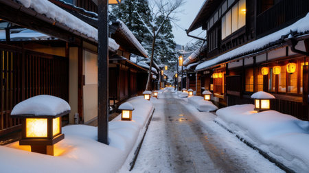 A tranquil winter evening in a traditional Japanese village, showcasing a snow-covered street illuminated by warm lanterns, inviting serenity and charm.の素材