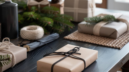 This image showcases a beautifully arranged selection of Christmas gifts on a rustic wooden table, featuring natural decorations and an inviting holiday atmosphere.の素材