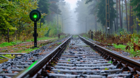 A serene railway track stretches into a misty forest, featuring a green signal light. The autumn atmosphere creates a tranquil scene ideal for reflections.の素材