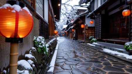 A serene and picturesque snowy alley in a traditional Japanese town, beautifully illuminated by lanterns, creating a magical winter atmosphere.の素材
