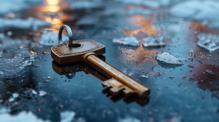 A solitary, rusty key rests atop a frozen surface, surrounded by shards of ice, reflecting soft orange and blue tones, creating a mysterious ambiance.の素材