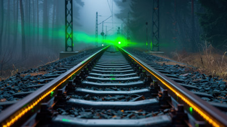 A captivating image featuring railway tracks disappearing into a foggy forest, illuminated by eerie green lights, creating an atmosphere of mystery and tranquility.の素材