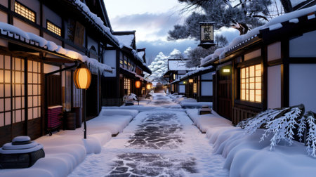 Experience the beauty of a traditional Japanese village blanketed in snow, illuminated by warm lantern light, creating a peaceful winter ambiance.の素材