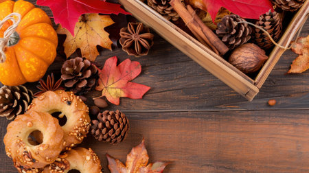 Beautiful autumn display featuring a pumpkin, colorful leaves, pinecones, cinnamon, and delicious cookies on a rustic wooden surface, perfect for fall.の素材