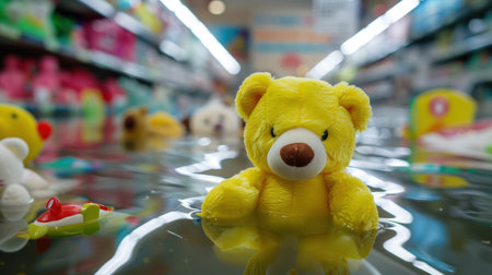 A yellow teddy bear floats in a flooded toy aisle, surrounded by vibrant plush animals and toys, creating a whimsical and serene retail scene.の素材