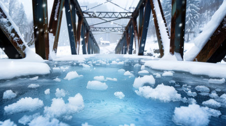 Captivating winter scene featuring a snow-covered bridge over frozen water, surrounded by a serene landscape and gentle snowfall, creating a tranquil atmosphere.の素材