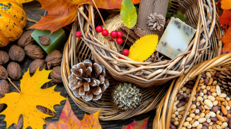 Celebrate the beauty of autumn with this stunning arrangement featuring colorful leaves, natural decor, and seasonal elements. Perfect for cozy fall vibes.の素材