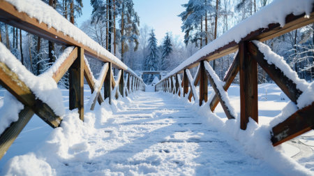 A picturesque view of a snowy pathway leading through a serene winter forest. The bridge is accented with fresh, white snow, creating a peaceful outdoor scene.の素材
