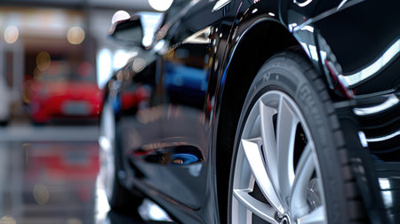 This image captures a close-up view of a sleek black car wheel showcasing a shiny finish and detailed design in a modern automotive showroom environment.の素材