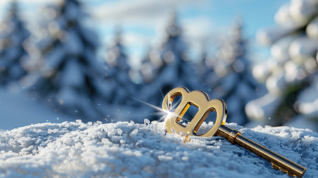 A mesmerizing golden key rests atop a layer of snow, surrounded by frosty trees, capturing the essence of winter's beauty and mystery.の素材