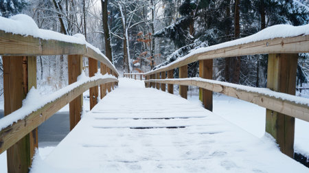 A serene view of a snow-covered wooden bridge winding through a tranquil winter forest, surrounded by snow-laden trees and soft morning light.の素材