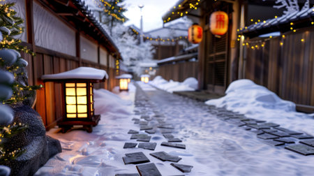A stunning winter scene featuring a snowy pathway illuminated by lanterns in a traditional Japanese village. Perfect for showcasing tranquility and cultural beauty.の素材