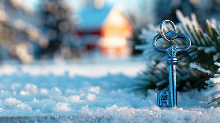 A vintage key adorned with an engagement ring rests on a snowy surface, capturing the essence of winter romance against a soft-focus background.の素材