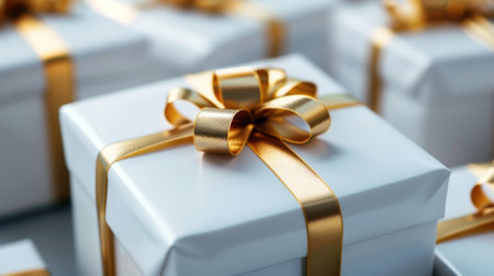 This image features beautifully wrapped white gift boxes adorned with shiny gold ribbons, perfect for various celebrations and special occasions.の素材