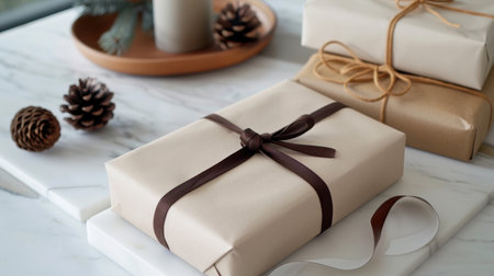 Discover a serene and cozy setting featuring elegantly wrapped gifts adorned with natural elements, perfect for holiday celebrations and festive occasions.の素材
