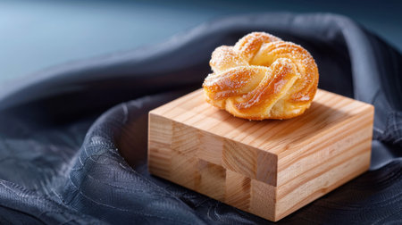A beautifully presented freshly baked sweet pastry sits elegantly on a wooden block, surrounded by dark fabric, perfect for food styling and gourmet photography.の素材