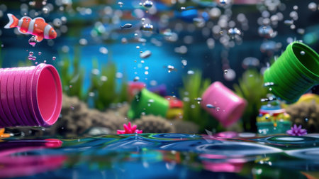 This dynamic underwater scene captures colorful buckets and playful fish surrounded by bubbles and vibrant aquatic plants, creating a serene atmosphere.の素材