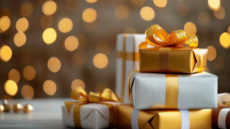 A collection of beautifully wrapped gifts featuring gold and silver paper adorned with elegant bows. The soft bokeh in the background enhances the festive mood, perfect for celebrations.の素材