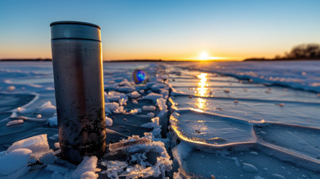 A metal thermos rests on a frozen lake surrounded by ice, reflecting the vibrant colors of a stunning sunset. This serene winter scene captures the tranquility of nature.の素材