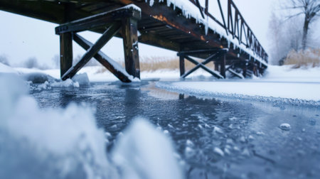 A serene winter scene featuring a snow-covered wooden bridge crossing an icy river. Frosted trees surround the tranquil landscape, creating a peaceful atmosphere.の素材