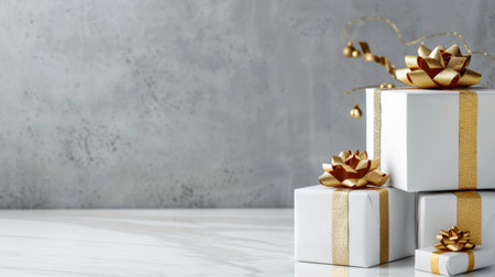 Discover the beauty of elegant gift boxes adorned with gold ribbons and bows, perfect for any celebration or special occasion. Ideal for festive styling.の素材