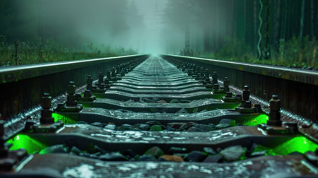 A captivating view of train tracks disappearing into the dense fog of a serene forest. The glowing green lights add an intriguing touch, enhancing the mysterious atmosphere.の素材