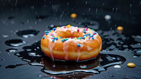 A vibrant glazed doughnut topped with colorful sprinkles sits on a dark surface, surrounded by glistening water droplets, showcasing indulgence.の素材