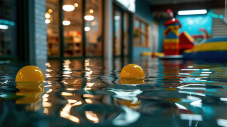 A serene indoor pool scene featuring vibrant floating toys and yellow buoys. The tranquil water reflects the playful decor, creating a joyful atmosphere.の素材