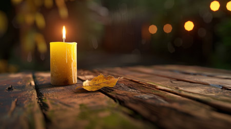 A serene scene featuring a single yellow candle casting a warm glow on a rustic wooden table, accompanied by an autumn leaf, evoking peace and tranquility.の素材