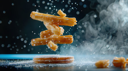 This mesmerizing image captures churros levitating above a sugary base, enveloped in soft steam and sprinkled with sugar, creating a tantalizing visual feast.の素材