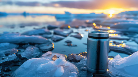 A stainless steel bottle stands on icy ground, capturing the stunning reflections of a vibrant sunrise over calm waters, surrounded by beautiful ice floes.の素材