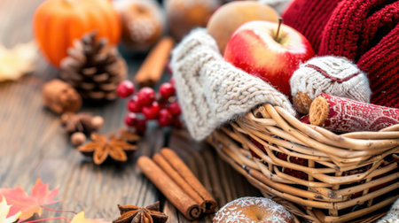 Delight in the essence of autumn with this charming basket filled with fresh apples, cozy textiles, aromatic spices, and seasonal decorations.の素材