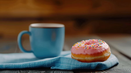 A charming composition featuring a freshly baked donut topped with pink frosting and colorful sprinkles, paired with a blue coffee cup on a rustic wooden table, perfect for breakfast lovers looking for a delightful morning treat.の素材