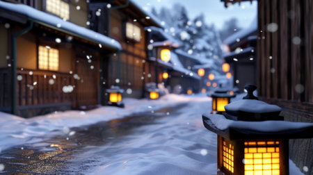 A tranquil winter village scene featuring softly falling snow and glowing lanterns lining a picturesque pathway, inviting warmth and charm.の素材