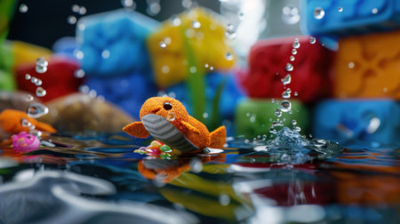 A whimsical scene featuring an orange toy fish swimming amidst colorful building blocks in a serene water setting. Bubbles add to the joyful atmosphere perfect for childrenの素材