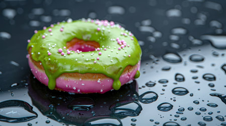 A vibrant donut featuring a luscious green glaze and pink icing, adorned with colorful sprinkles, sits on a glossy surface with water droplets, creating an enticing dessert scene.の素材