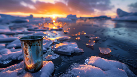A striking image showcasing a steel cup resting on icy land, illuminated by a beautiful sunset. The scene captures the essence of nature's tranquility and beauty.の素材