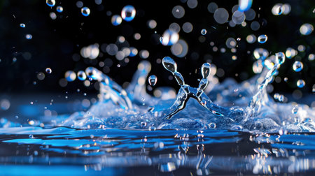 A captivating close-up image showcasing water droplets splashing against a dark background, creating a serene atmosphere with bokeh effects and reflections.の素材