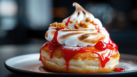 This vibrant dessert features a fluffy pastry base topped with rich meringue, drizzled with cherry sauce. Ideal for food photography or menu design.の素材