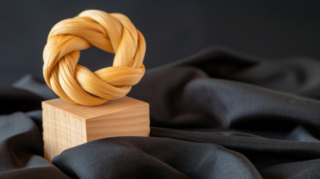 This artistic display features a yellow braided sculpture atop a wooden base, set against a dark fabric background, showcasing elegance and creativity.の素材