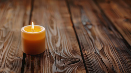 A serene yellow candle softly glows on a rustic wooden surface, creating a cozy atmosphere perfect for relaxation or meditation sessions.の素材