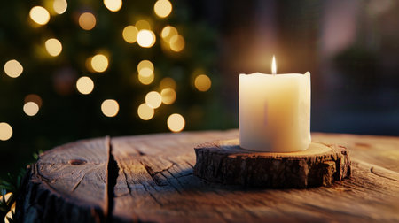 A serene white candle casts a warm glow on a rustic wooden table, surrounded by a beautiful bokeh background of festive lights, creating a tranquil atmosphere.の素材
