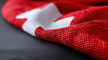 This close-up image captures the intricate texture of a Swiss flag, showcasing vibrant red and white colors. Perfect for travel, culture, or patriotism themes.の素材