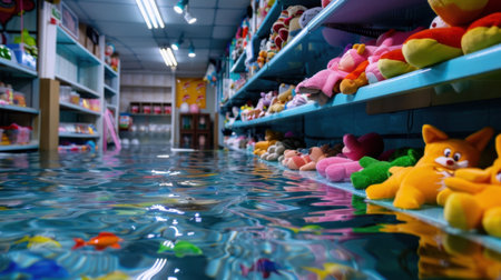 A surreal scene of a toy store flooded with water, showcasing colorful plush toys on shelves, reflecting light and creating a whimsical atmosphere.の素材
