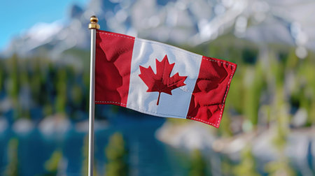 A vibrant Canadian flag proudly waves against a stunning mountain backdrop. The serene landscape captures the beauty of nature and patriotism in Canada.の素材