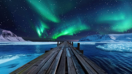 Experience the stunning beauty of northern lights illuminating a serene landscape above a wooden pier on calm waters, captured under a starry night sky.の素材