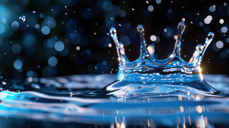 A captivating image of a water drop creating a crown splash in a serene blue backdrop, featuring beautiful bokeh effects and soft reflections.の素材