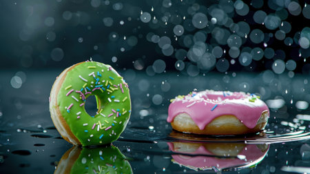Close-up image of two vibrant donuts, one green and one pink with sprinkles, resting on a reflective surface surrounded by delicate water droplets, creating a fresh and inviting atmosphere.の素材