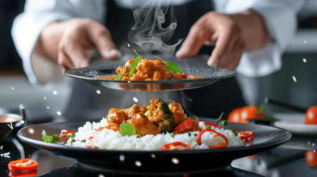 A skilled chef plates a steaming dish of vibrant curry atop fluffy rice in a contemporary kitchen, showcasing culinary creativity and passion.の素材