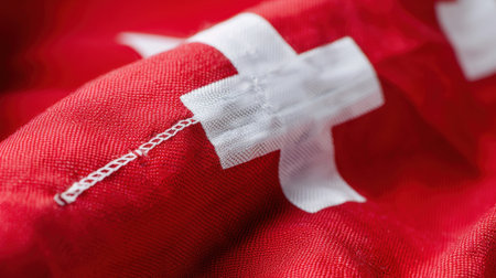 A detailed close-up view of the Swiss flag revealing its rich red fabric and iconic white cross pattern. Perfect for cultural and artistic projects.の素材